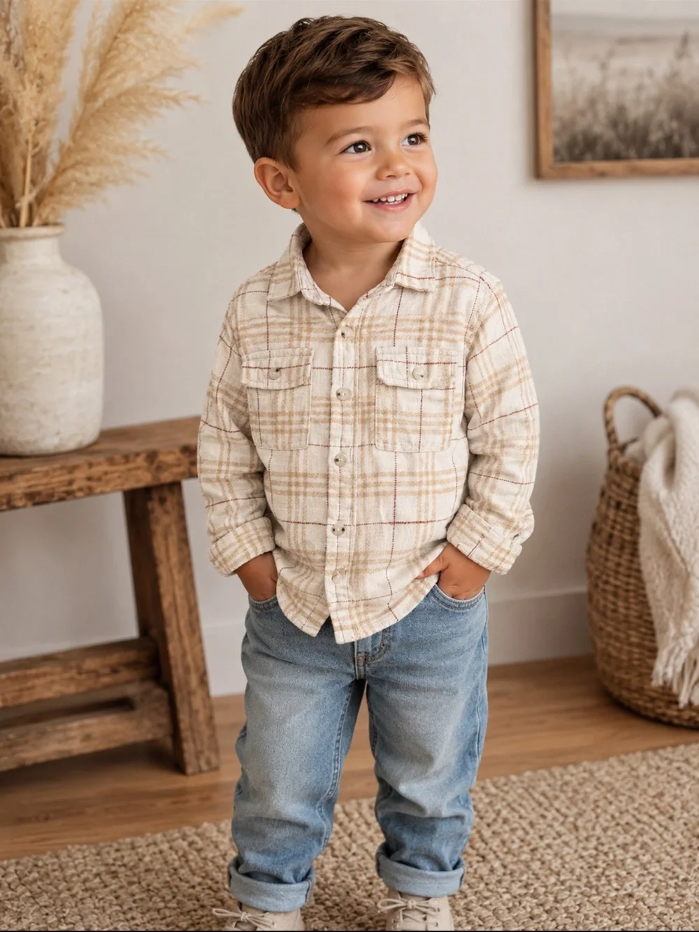 Rylee + Cru Beige Plaid Flannel Button Down Shirt Boys 4-5 Cotton